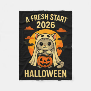 Halloween Cat Ghost Graphic - Fresh Start 2026 Fleece Blanket