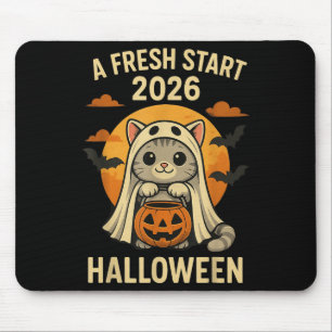 Halloween Cat Ghost Graphic - Fresh Start 2026 Mouse Pad