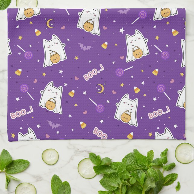 Halloween Cat Ghost Kitchen Towel (Folded)