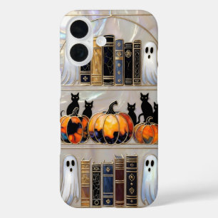 Halloween Cat Ghost Phone Case Pumpkin Bookshelf