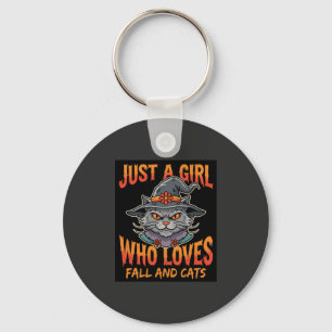 Halloween Cat Girl Witch Hat Fall Design Keychain