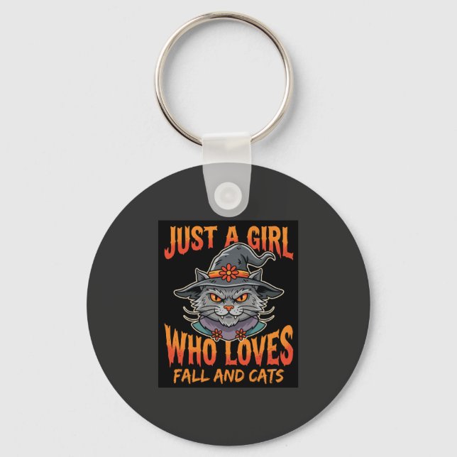 Halloween Cat Girl Witch Hat Fall Design Keychain (Front)