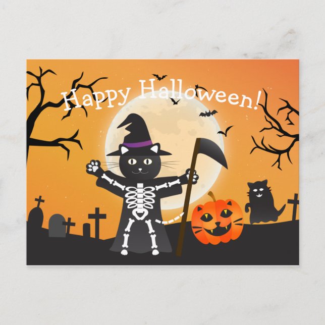 Halloween Cat Grim Reaper Postcard (Front)