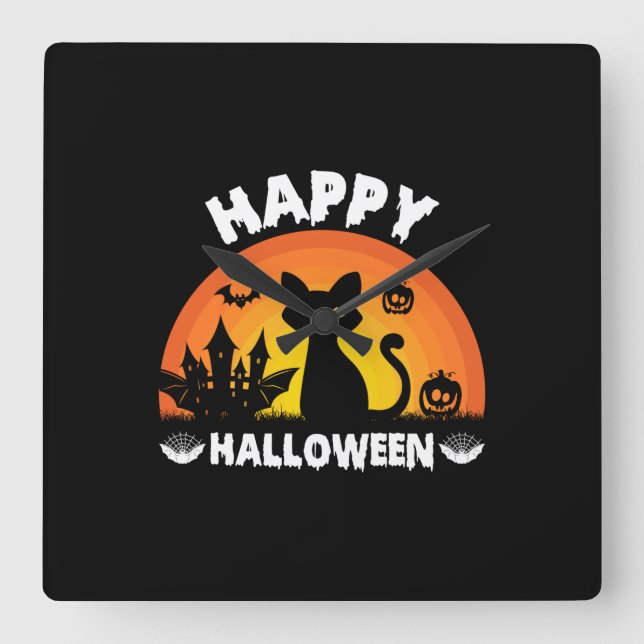 Halloween Cat Happy Halloween Birthday Square Wall Clock (Front)