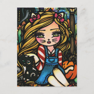 Halloween Cat Haunted House Girl Fantasy Art Postcard