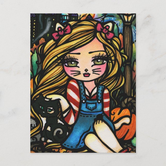Halloween Cat Haunted House Girl Fantasy Art Postcard (Front)