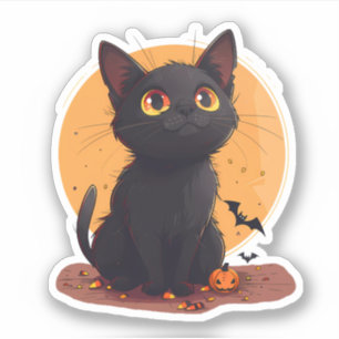 Halloween Cat in Front of Moon with Jack-o-Lantern