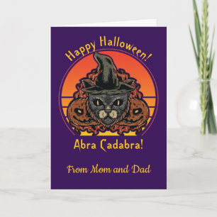 Halloween Cat in Witch Hat Abra Cadabra Vintage Card