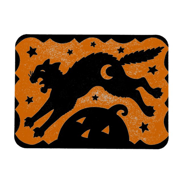 HALLOWEEN CAT JUMPING OVER PUMPKIN, BLACK & ORANGE MAGNET (Horizontal)