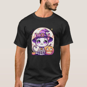 Halloween Cat Kitten Witch Skeleton Cute Lazy Cost T-Shirt