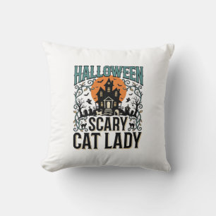 Halloween Cat Lady Scary Haunted House Vintage_1 Throw Pillow
