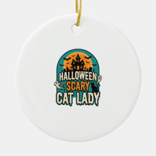 Halloween Cat Lady Scary Vintage Haunted House_1 Ceramic Ornament