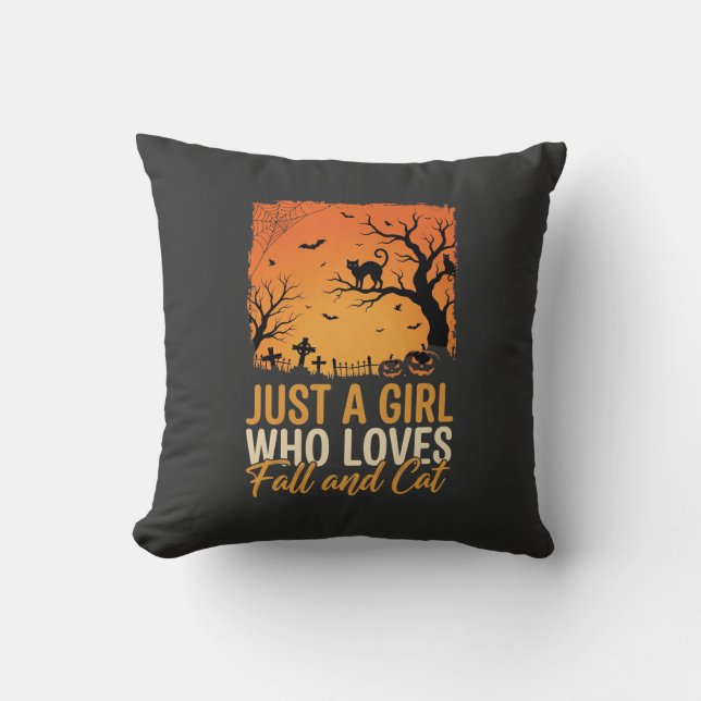 Halloween Cat Lover Fall Sunset Graphic Throw Pillow (Front)