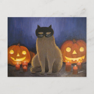 Halloween Cat Mask & Jack-o'-lantern Postcard