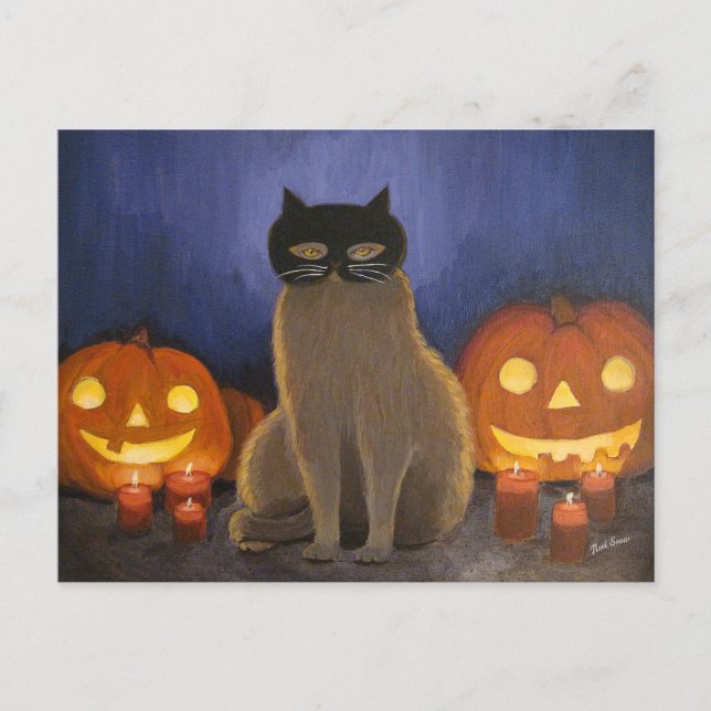 Halloween Cat Mask & Jack-o'-lantern Postcard (Front)