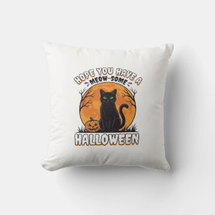 Halloween Cat Meow-Some Vintage Engraving Design_1 Throw Pillow