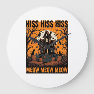 Halloween Cat Meow Spooky Vintage Witch House Large Clock