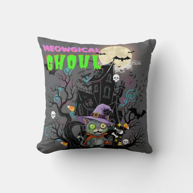 Halloween Cat "Meowgical Ghoul" Witch Kitten  Throw Pillow (Front)
