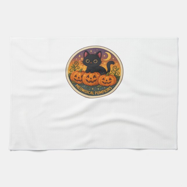 Halloween Cat Meowgical Pumpkins Embroidery Design Kitchen Towel (Horizontal)