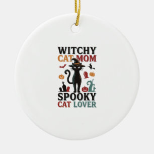 Halloween Cat Mom Vintage Witchy Cat Lover Design_ Ceramic Ornament