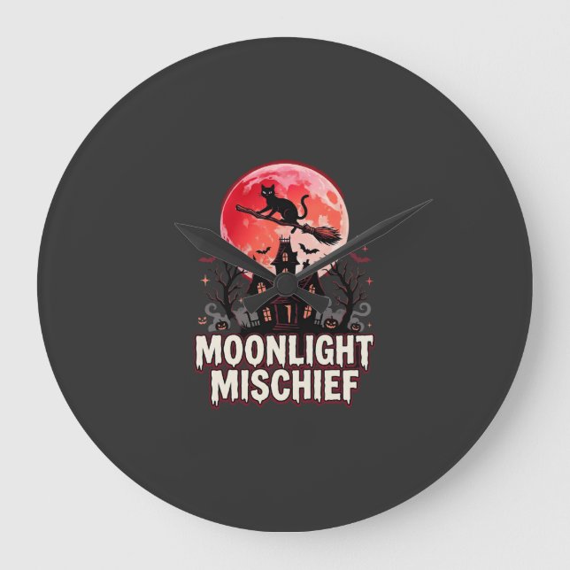 Halloween Cat Moonlight Mischief Large Clock (Front)