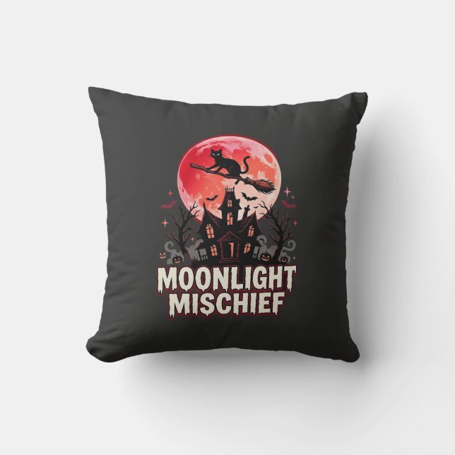Halloween Cat Moonlight Mischief Throw Pillow (Front)