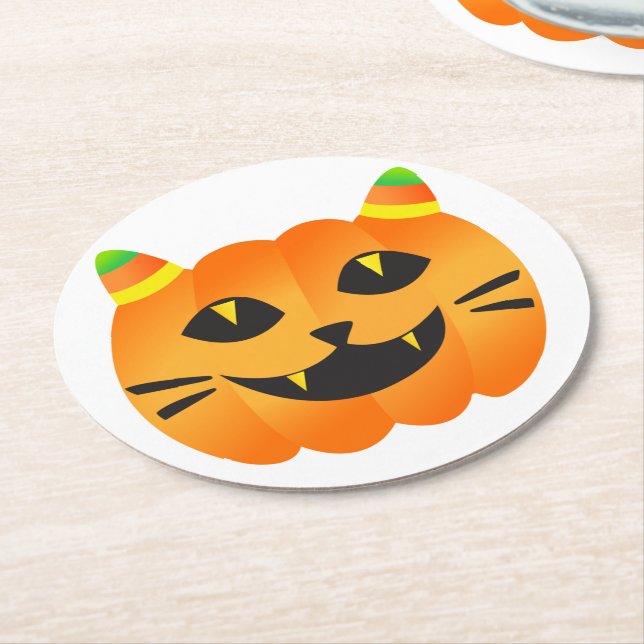 Halloween Cat-o'-Lantern Round Paper Coaster (Angled)