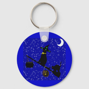 "Halloween Cat On A Broom"* Keychain