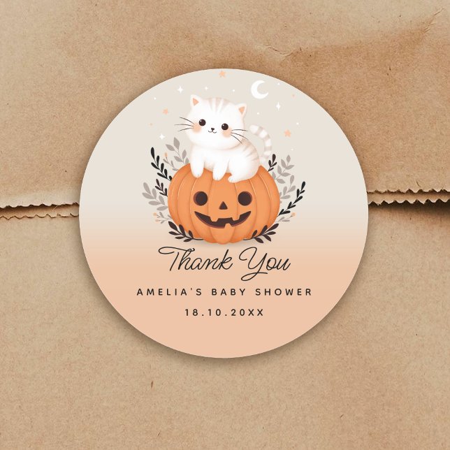 Halloween Cat On Pumpkin Cute Baby Shower Classic Round Sticker (Creator Uploaded)