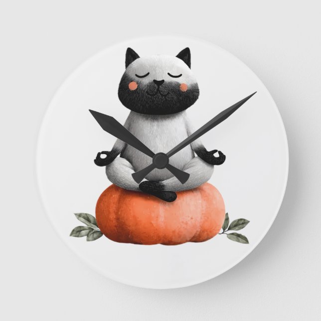 Halloween Cat on Pumpkin Design Round Clock (Front)