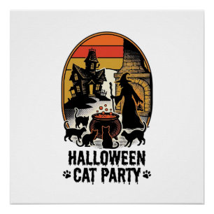 Halloween Cat Party Vintage Witch Cats Design_1 Poster