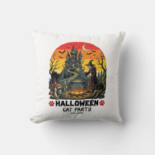 Halloween Cat Party Witch Cauldron Black Cats Haun Throw Pillow