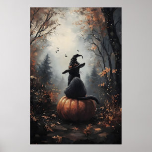 Halloween Cat Print, Witch Hat, Pumpkin, Gothic Poster