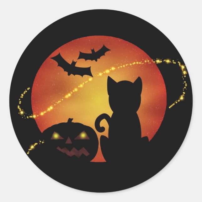 Halloween Cat Pumpkin and Bats Silhouette Scene Classic Round Sticker (Front)