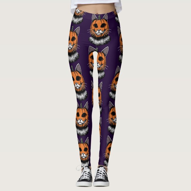 Halloween Cat, Pumpkin Face Leggings (Front)