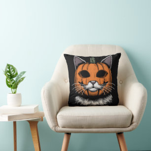 Halloween Cat, Pumpkin Face Throw Pillow