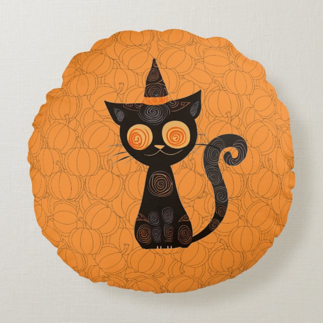 Halloween/cat/pumpkin/fall  round pillow (Front)