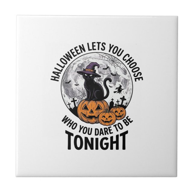Halloween Cat Quote Spooky Pumpkin Witch Engraving Tile (Front)
