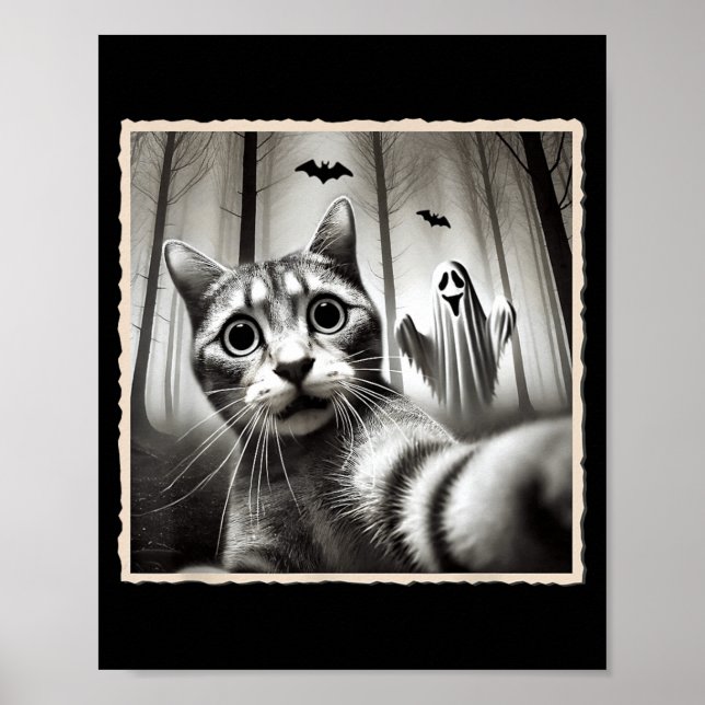 Halloween Cat Selfie With Ghost _ Funny Halloween Poster (Front)