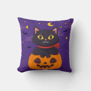 Halloween Cat Sitting on the Pumpkin Moon Star Bat Throw Pillow