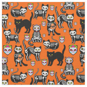halloween cat skull skeleton orange fabric
