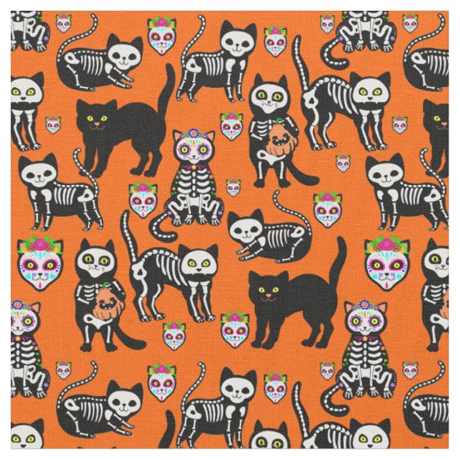 halloween cat skull skeleton orange  fabric (Close Up)