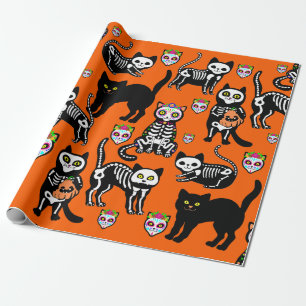 halloween cat skull skeleton orange  wrapping paper