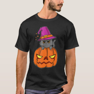 Halloween Cat Wearing A Witch Hat With Pumpkin For T-Shirt