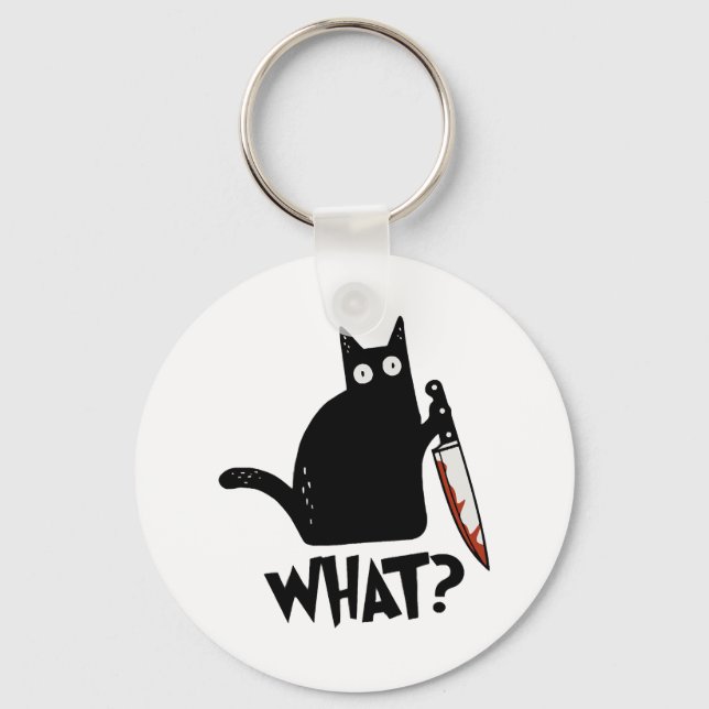 Halloween Cat What Murderous Black Cat With Knife Keychain (Front)
