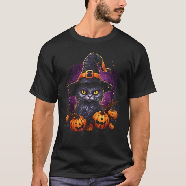 Halloween Cat Witch Hat Pumpkin Jack o Lantern Cos T-Shirt (Front)
