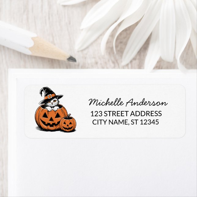 Halloween Cat Witch Hat Pumpkin Return Address     (Insitu)