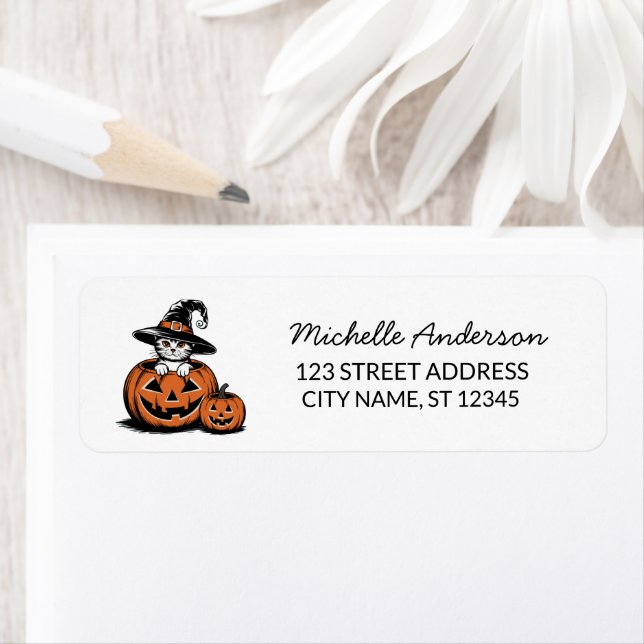 Halloween Cat Witch Hat Pumpkin Return Address     (Insitu)