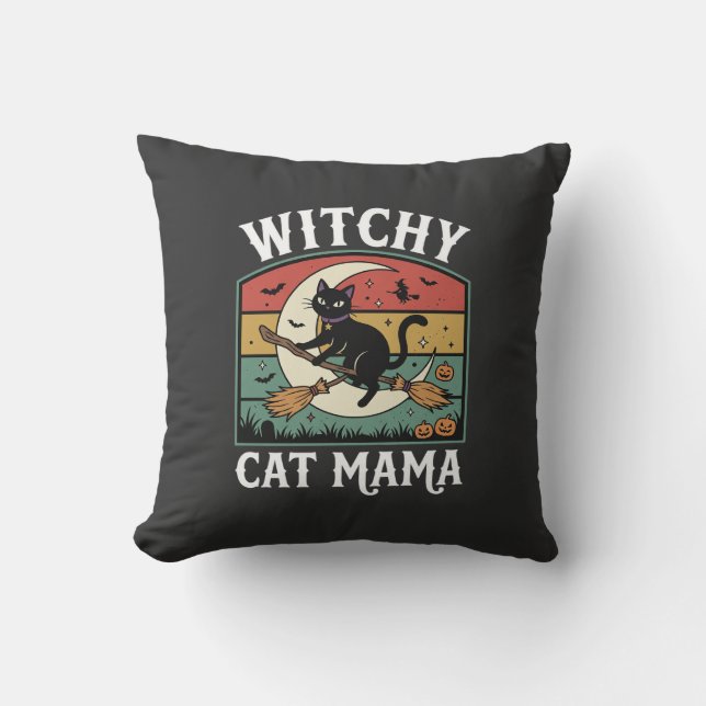 Halloween Cat Witch Mama Throw Pillow (Front)