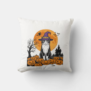 Halloween Cat Witch Pumpkin Vintage Spooky_1 Throw Pillow